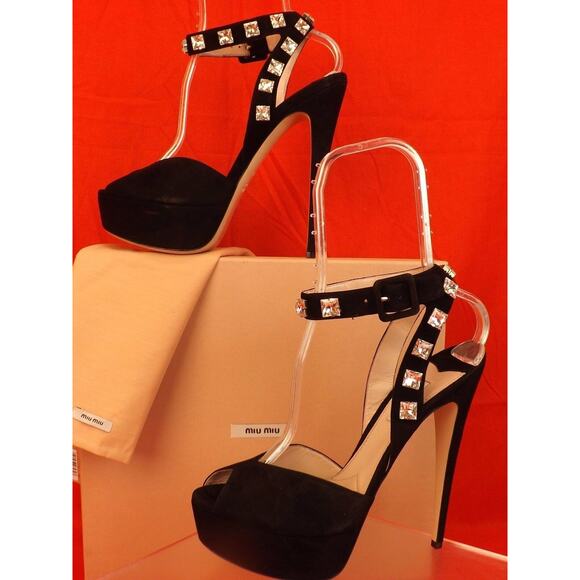 NIB MIU MIU PRADA BLACK SUEDE CRYSTALS JEWELED ANKLE STRAP PLATFORM PUMPS 40 - Picture 4 of 11